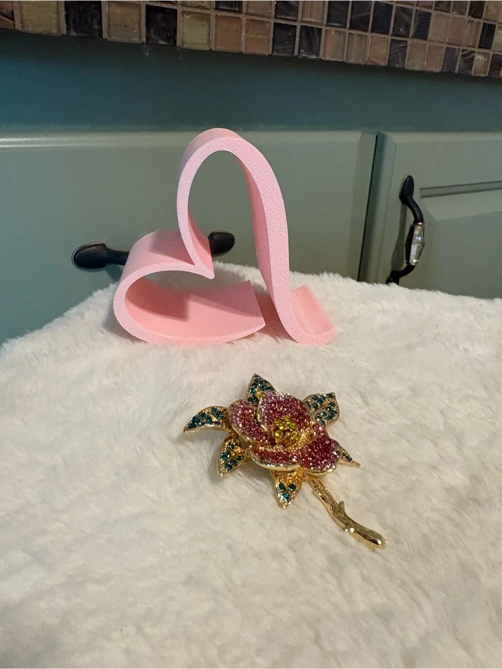 Sparkling Floral Brooch with Pink and Green Rhinestones